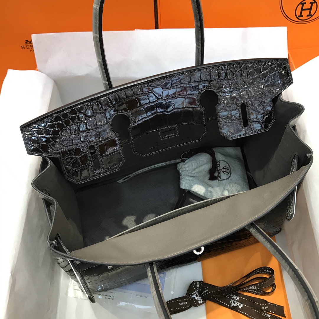 Hermes Birkin 30CM Handmade Bag In Black White Crocodile Niloticus Shiny Skin